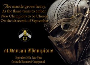 A shadowed helmet on the right of the image. On the left, the words “The Mantle grows heavy, as the flames turn to ember, New Champions to be chosen, on the sixteenth of September” below the words, the barony heraldic device. At the bottom of the image, information about the event which has been outlined in this comment.